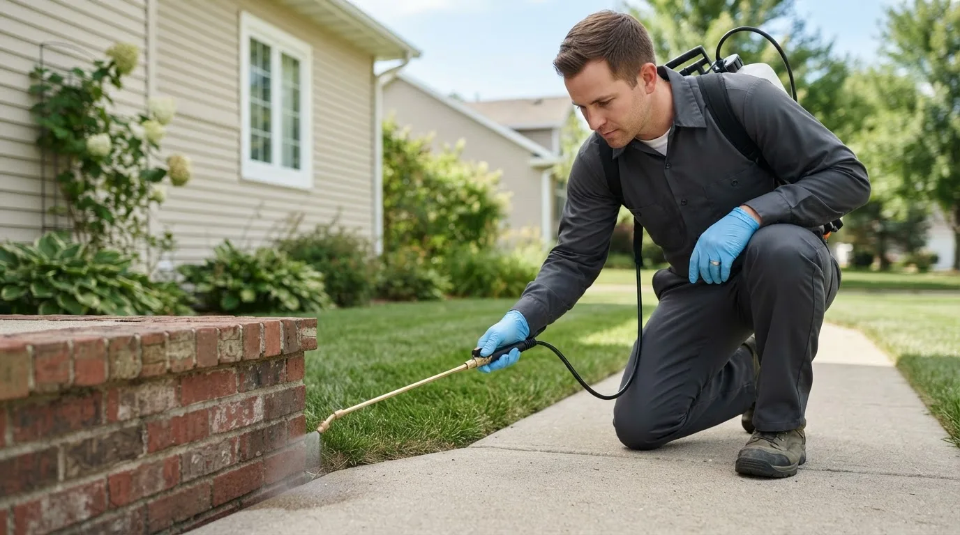 Pest control technician treating a home near Lewistown, MO