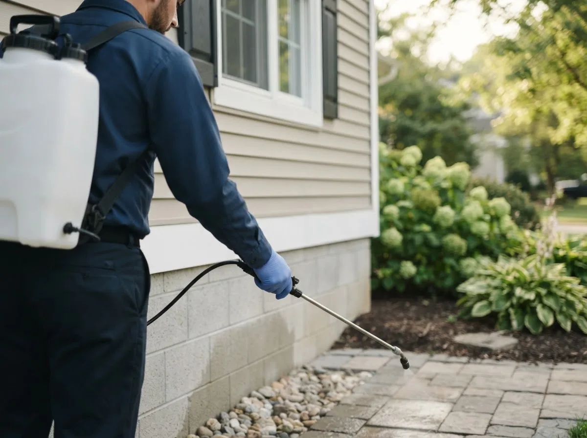 Pest control technician inspecting a home in Lewistown, MO